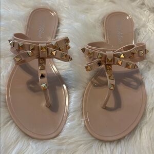Nude + Gold Studded Bows Sandals, Size 9
